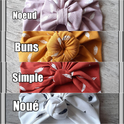 Turban nœud, buns, simple ou noué motif plume en jersey extensible 4 couleurs
